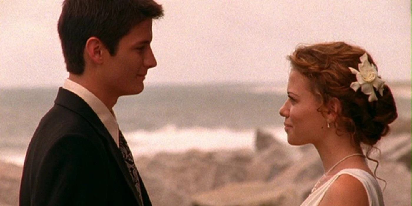 Nathan and Haley standing on their wedding day on One Tree Hill