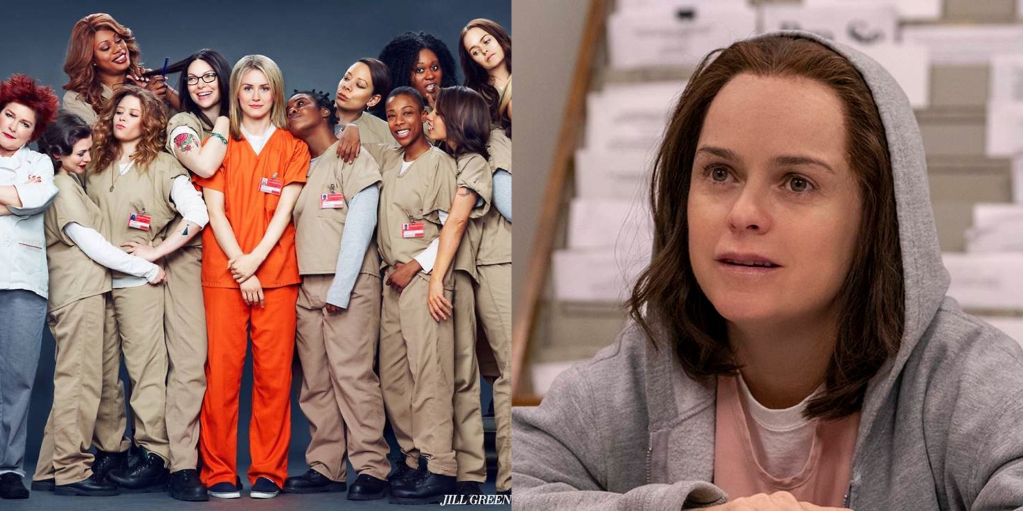 Split image showing the cast of OITNB and Pennsatucky