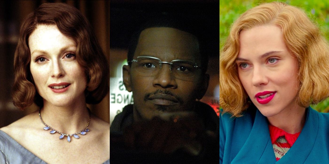 Split image of Julianne Moore in The Hours, Jamie Foxx in Collateral, and Scarlett Johansson in Jojo Rabbit
