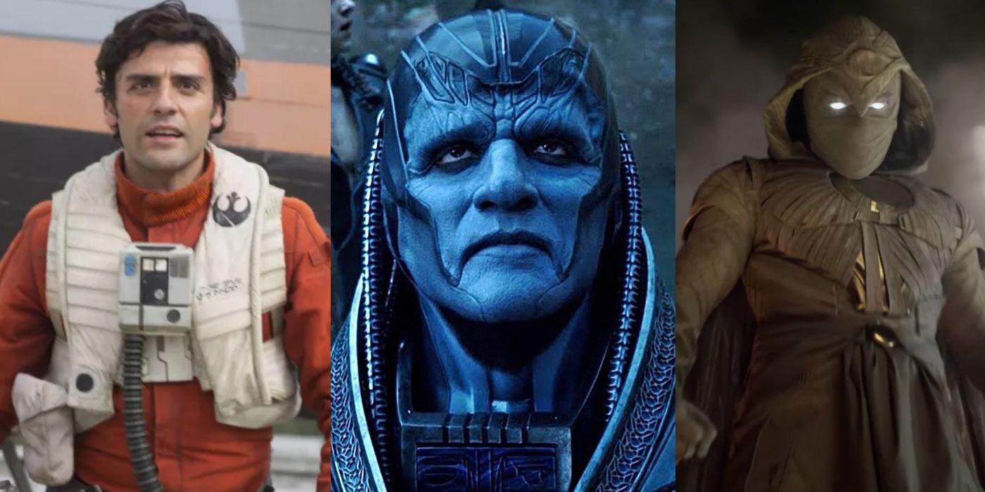 Side by side of Oscar Isaac as Poe Dameron, Apocalypse, and Moon Knight