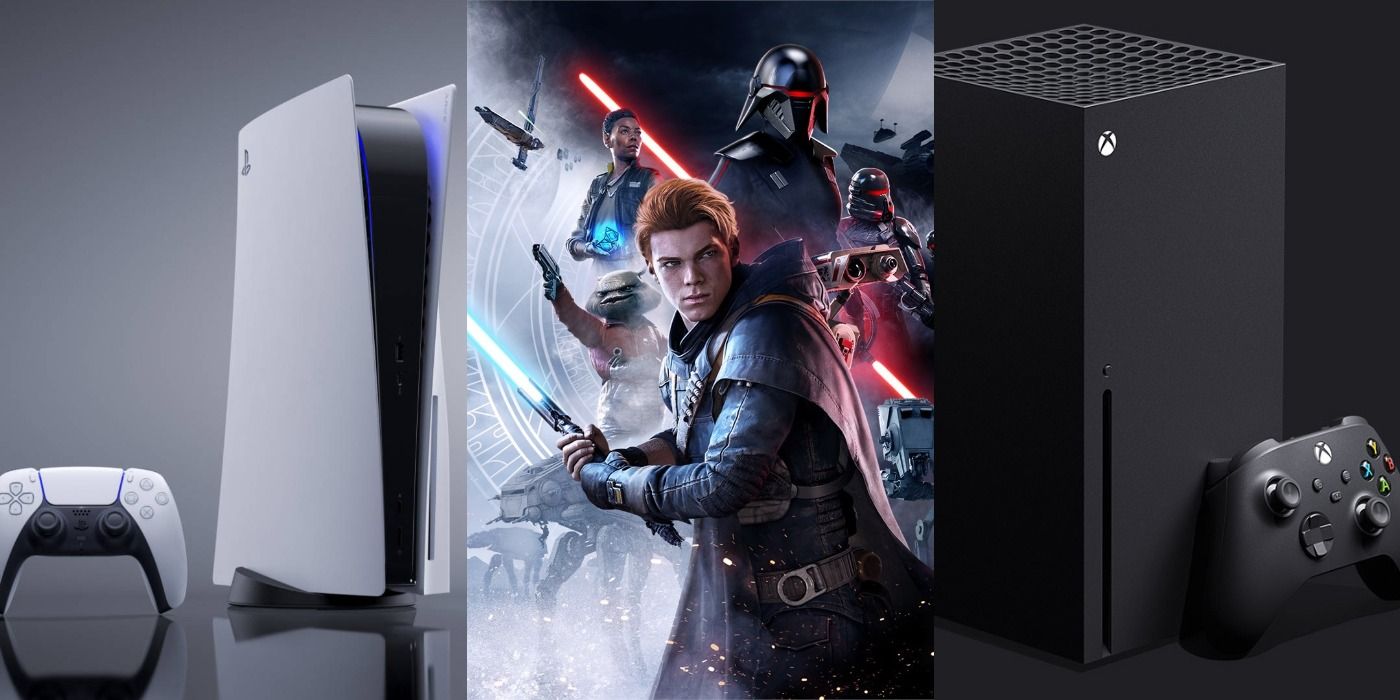Split image of the PS5, Star Wars Jedi promo art, and the Xbox Series X