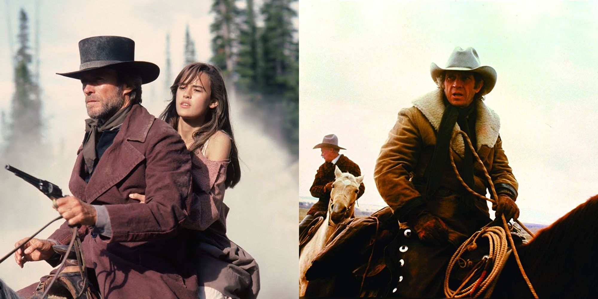 Split image showing cowboys in Pale Rider and Tom Horn