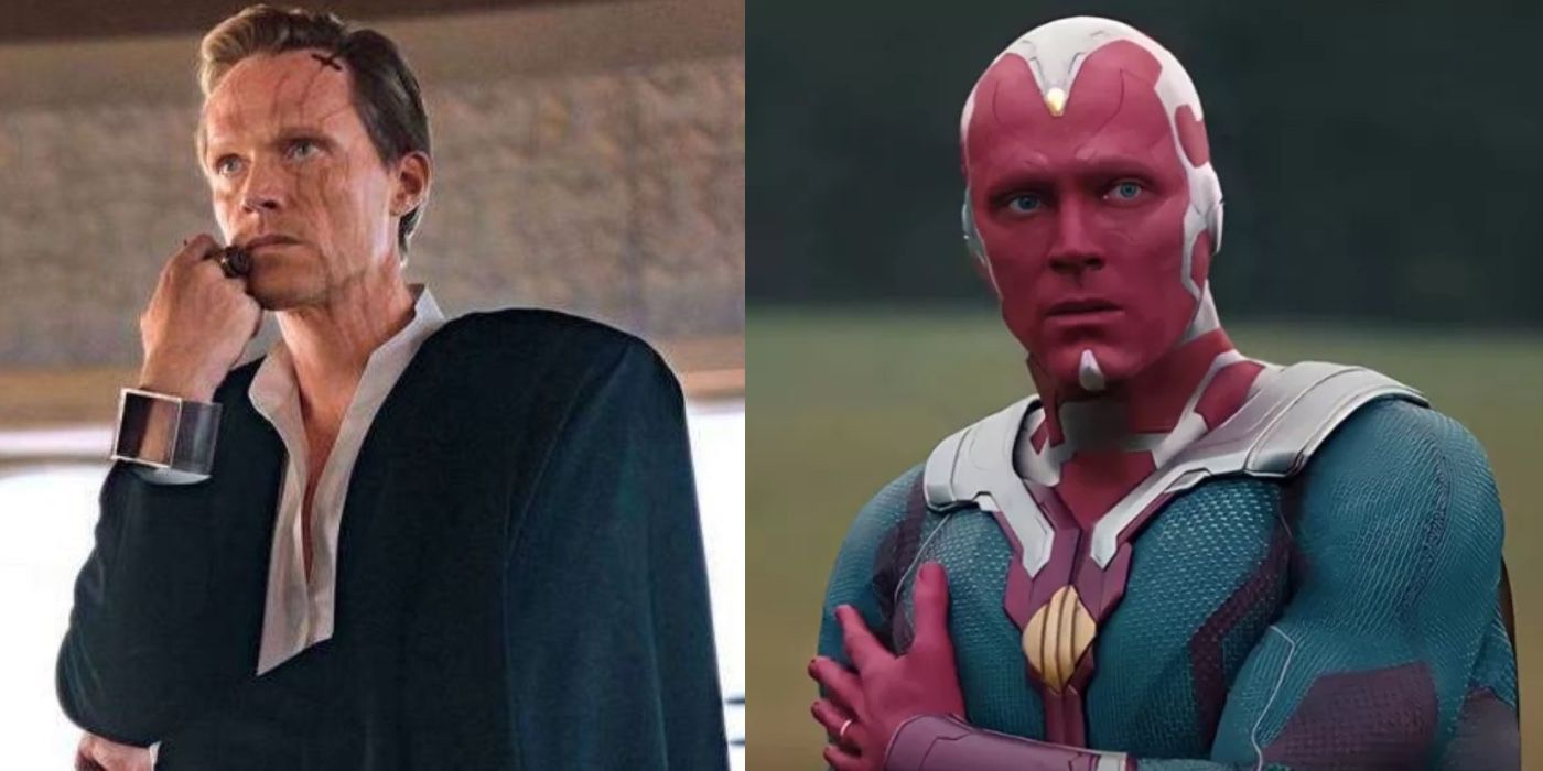 Side by side of Paul Bettany as Dryden Vos and Vision