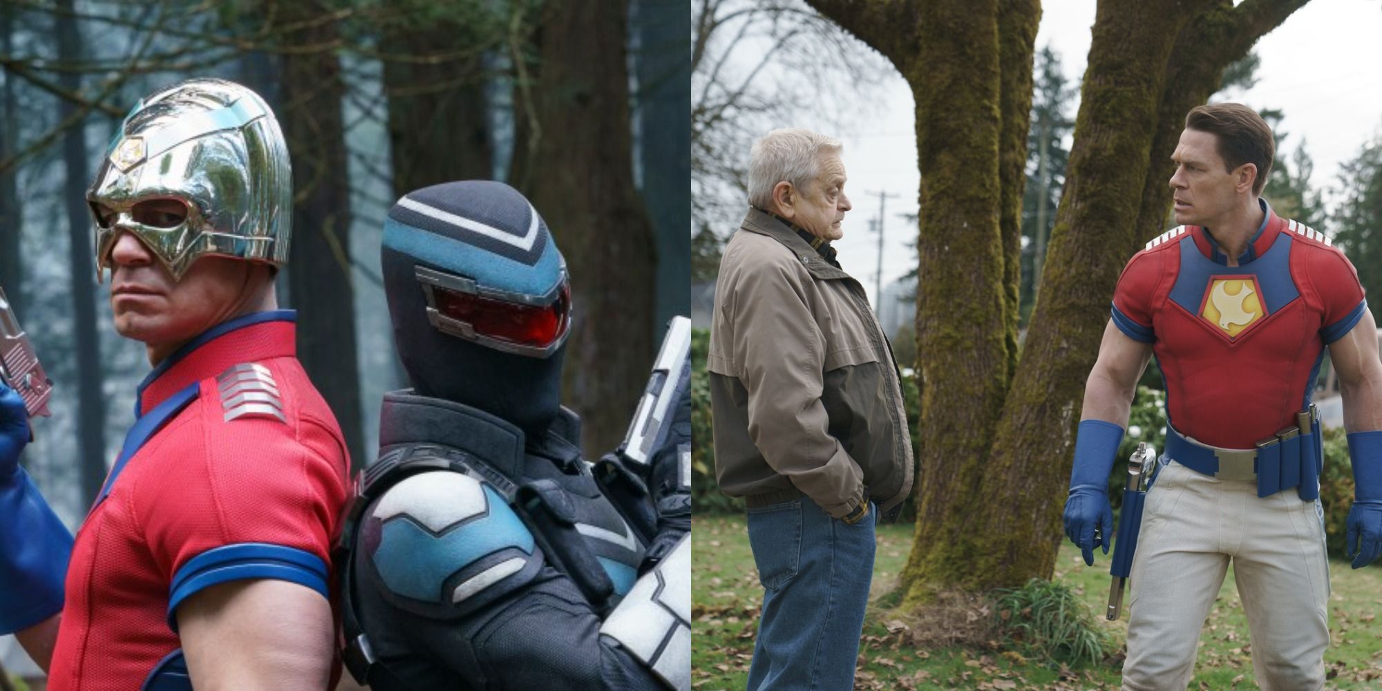 Split image showing Peacemaker and Vigilante and Peacemaker and the old neighbor