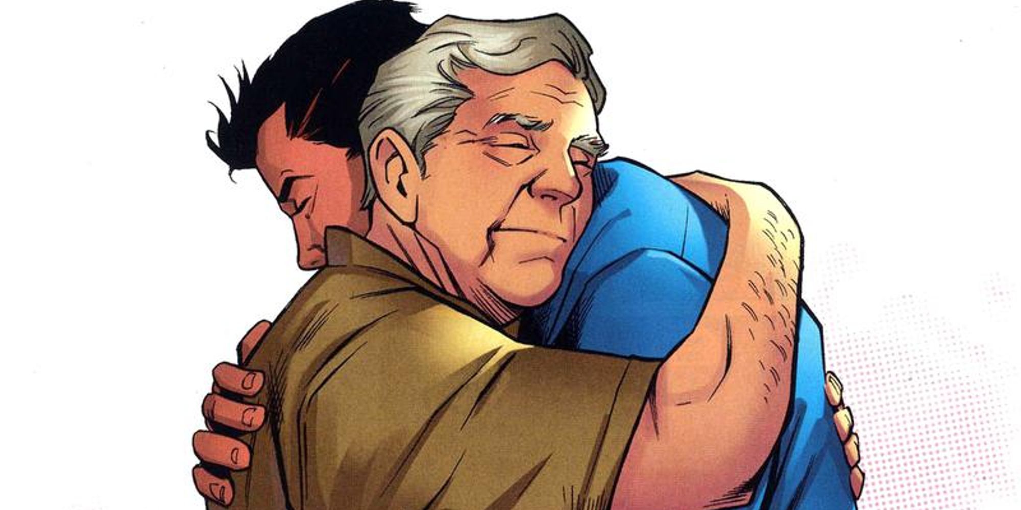 Peter Parker and Uncle Ben hugging in Spider-Man comics