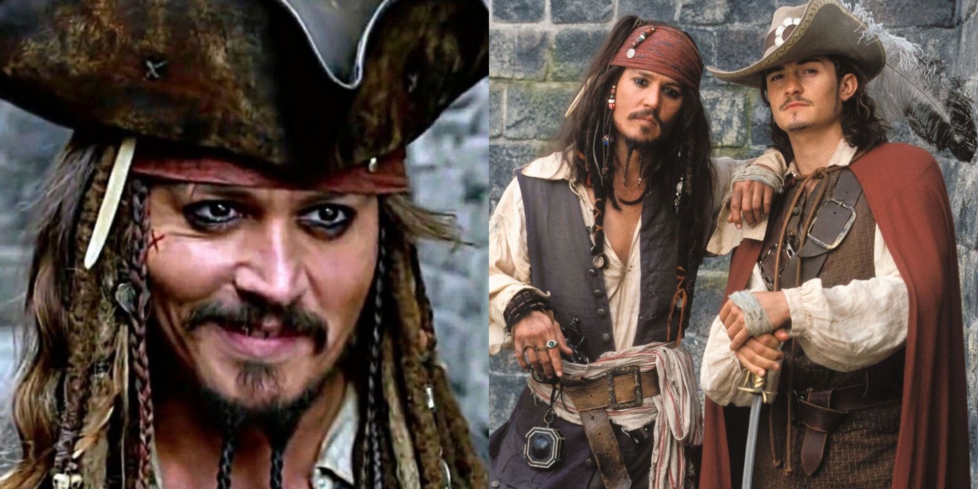 Split image showing Jack Sparrow smrking and posing with Will Turner in Pirates of the Caribbean