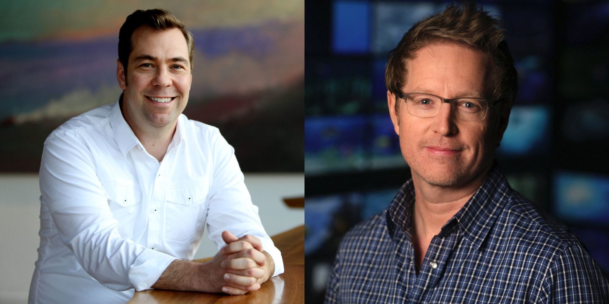 Split image showing directors Brian Fee and Andrew Stanton