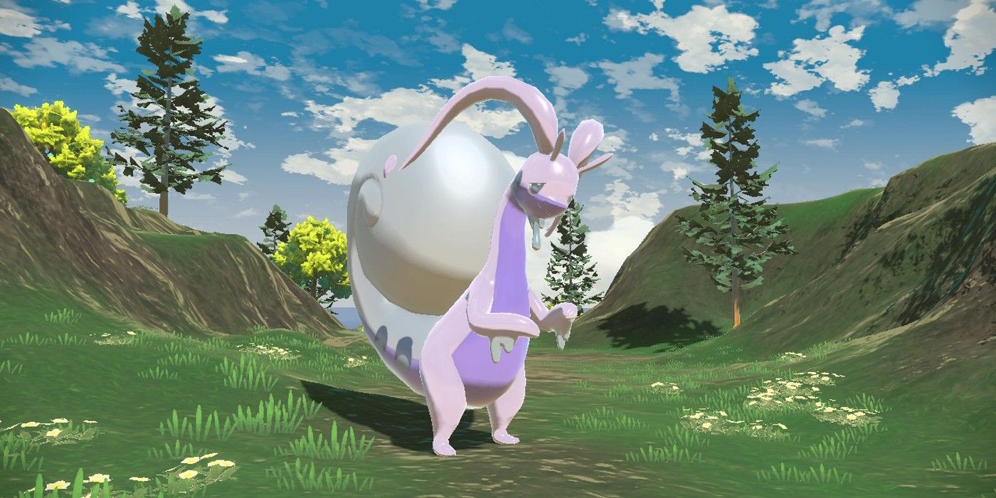 Hisuian Goodra against a Hisui background in Pokémon Legends: Arceus.