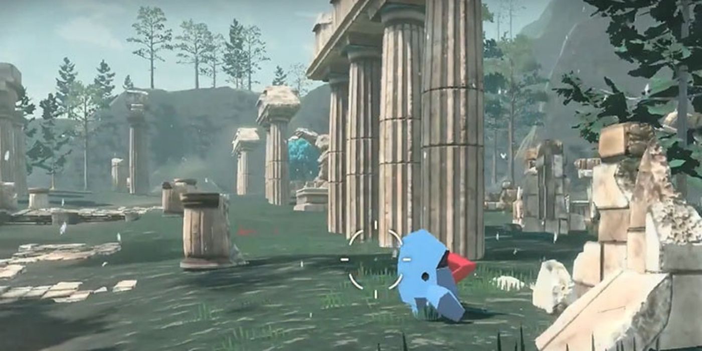 Nosepass walking through some ruins in Pokémon Legends Arceus