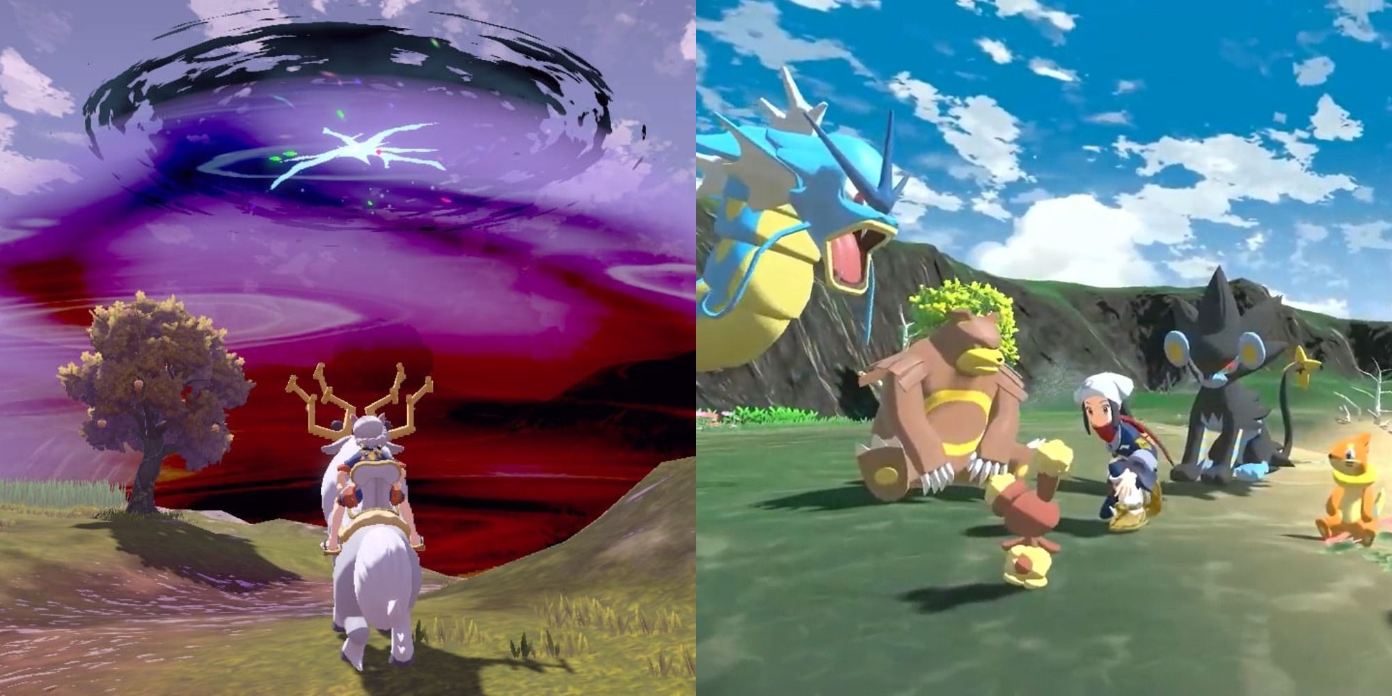 Split image showing a space-time distortion and a Pókémon team in Pokémon Legends Arceus