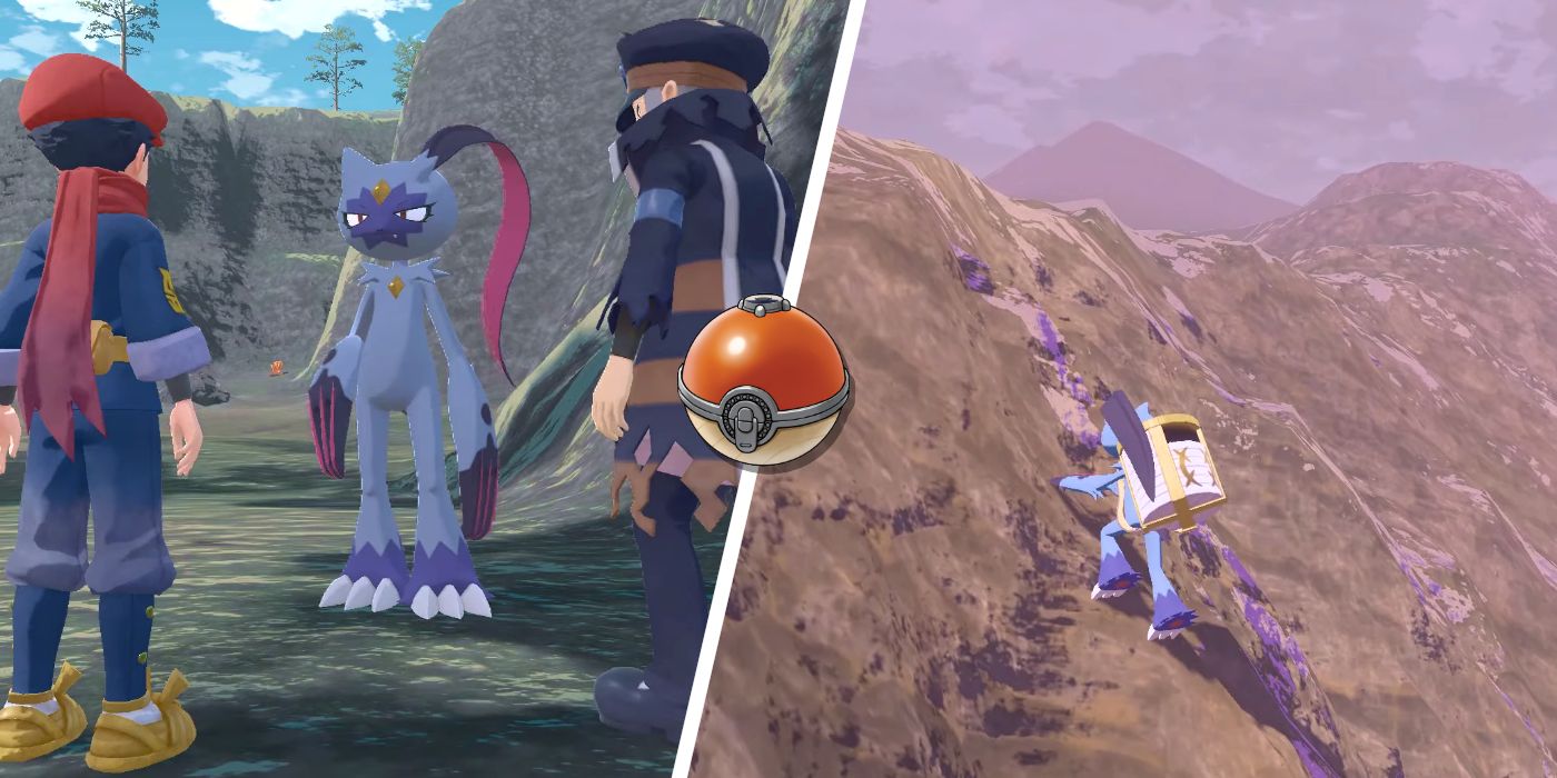 An image of Trainers standing next to Sneasler in Pokémon Legends: Arceus next to an image of Sneasler climbing a mountain