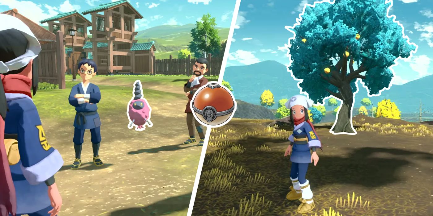 A Trainer in Pokémon Legends Arceus standing in front of a Burmy in Jubilife Village next to an image of the same Trainer standing in front of a tree.