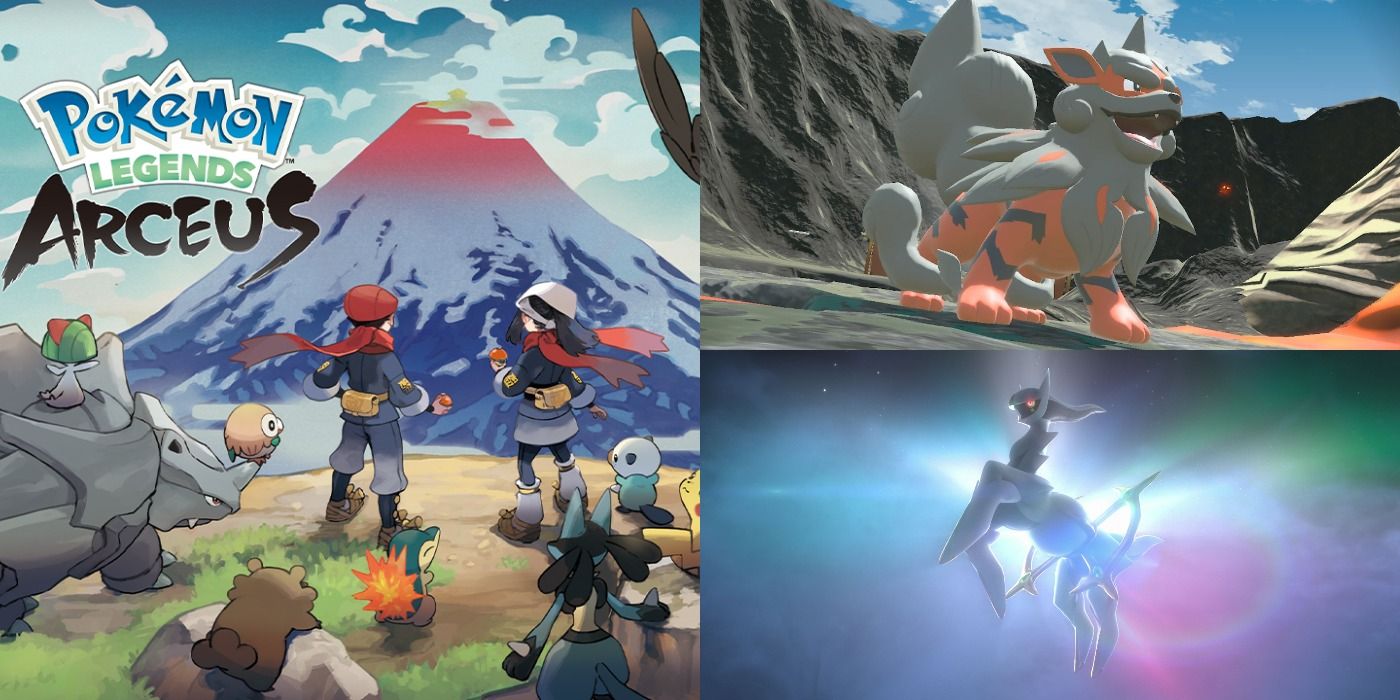 Split image of Pokémon Legends promo art, Hisuian Arcanine in a volcano, and Arceus in the reveal trailer