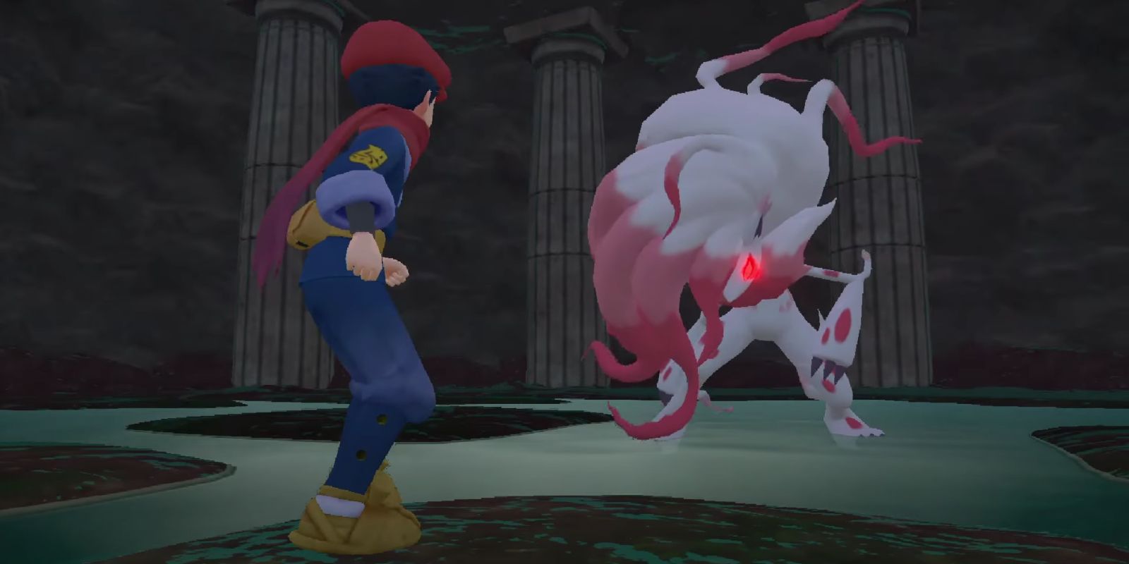 A trainer facing off against an Alpha Zoroark in Lake Acuity of the Alabaster Icelands in Pokemon Legends: Arceus.