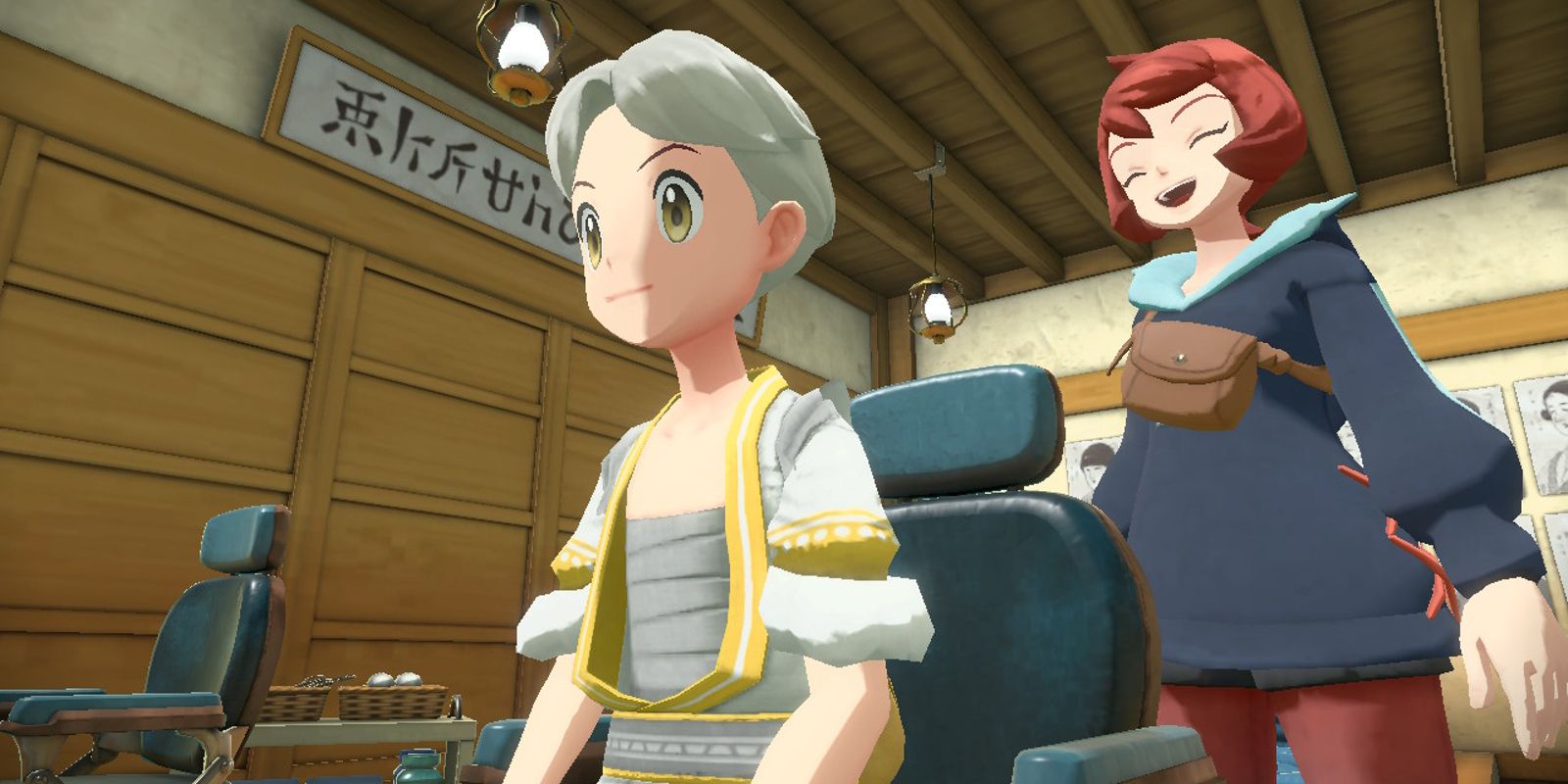 A player in Pokemon Legends: Arceus sitting in a barber's chair with a barber behind them