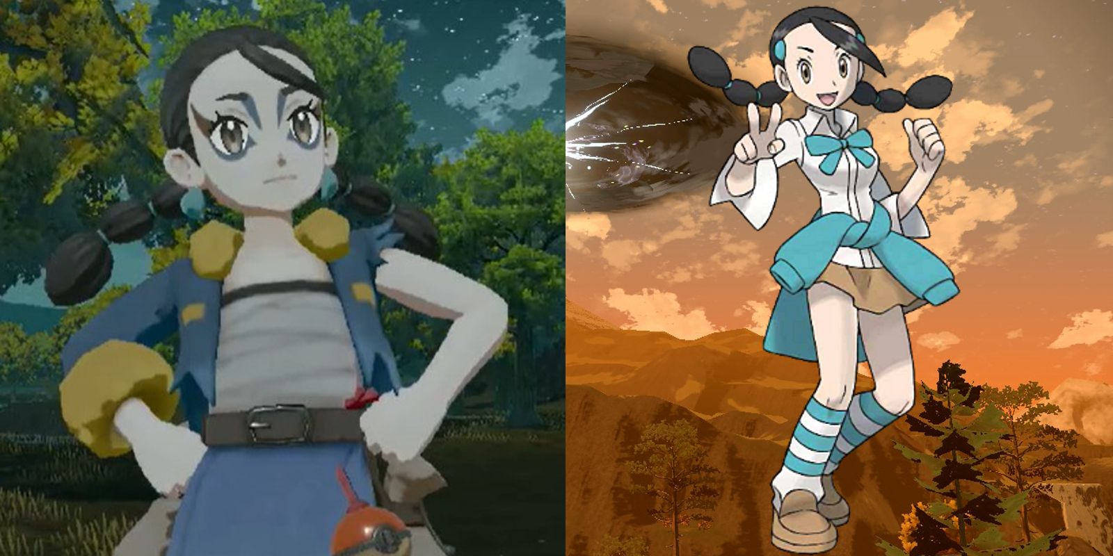 Split screen showing Clover, Candice's ancestor in Pokemon Legends: Arceus, and Candice