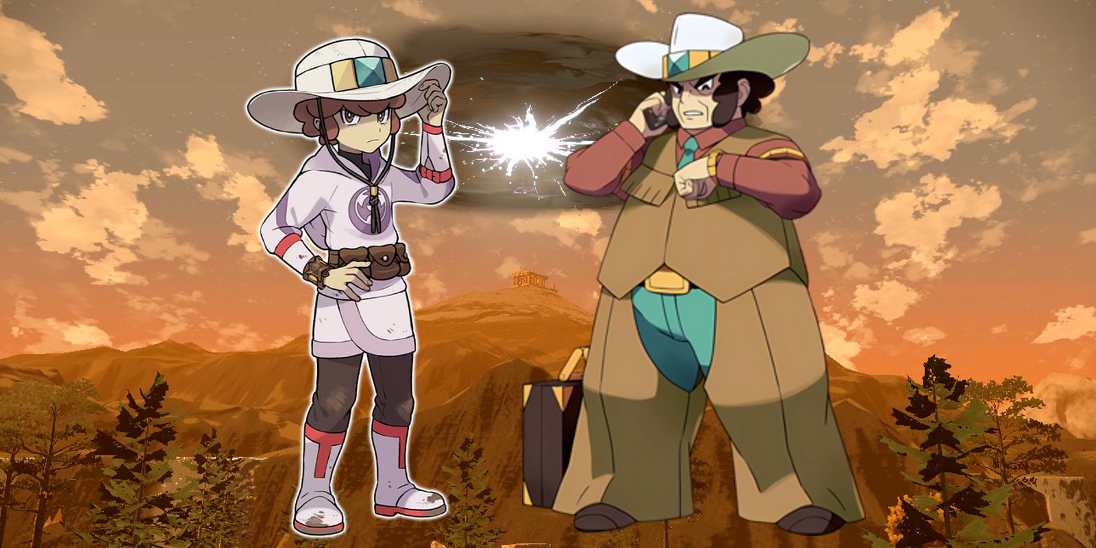 Split image showing Lian, Clay's ancestor in Pokemon Legends: Arceus, and Clay from BDSP