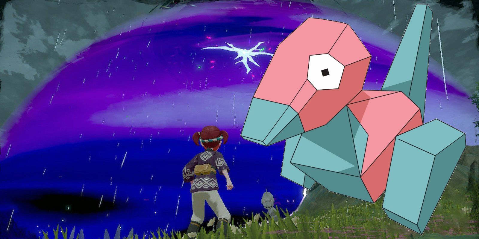 Blended iamge of a space-time distortion and a Porygon in Pokémon Legends: Arceus.