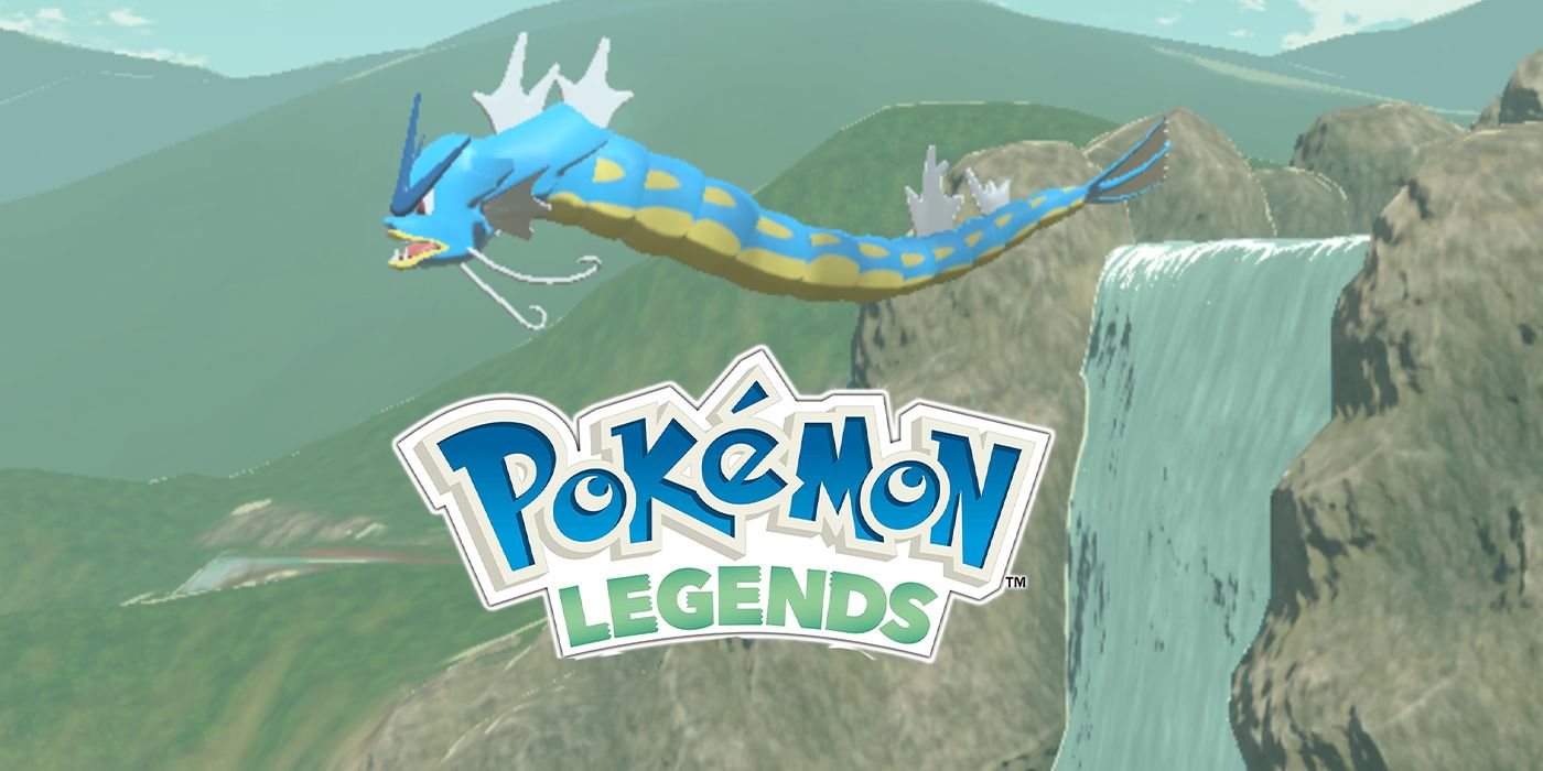  Gyarados flying in Pokemon Legends Arceus with the Pokemon Legends Arceus logo beneath him