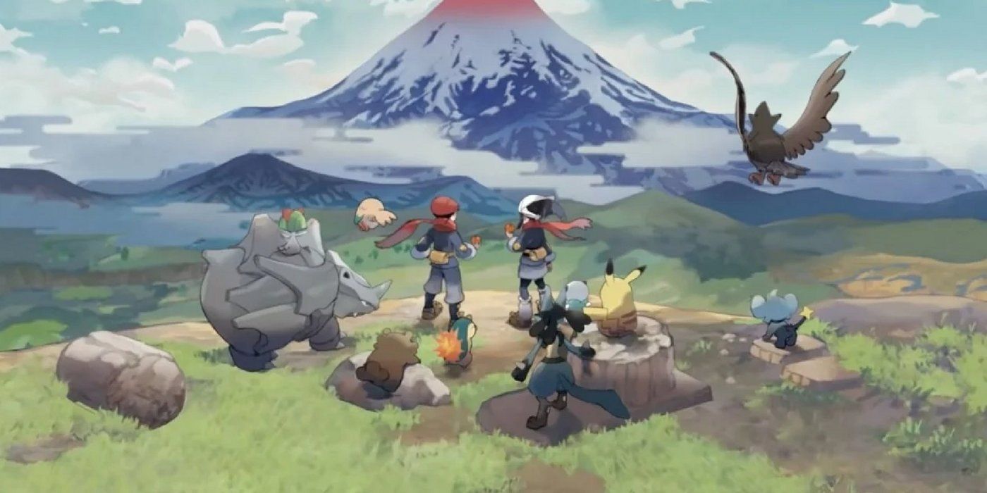 Promotional art for Pokémon Legends: Arceus with two trainers surrounded by Pokémon and staring away from the camera at a mountain in the far distance.
