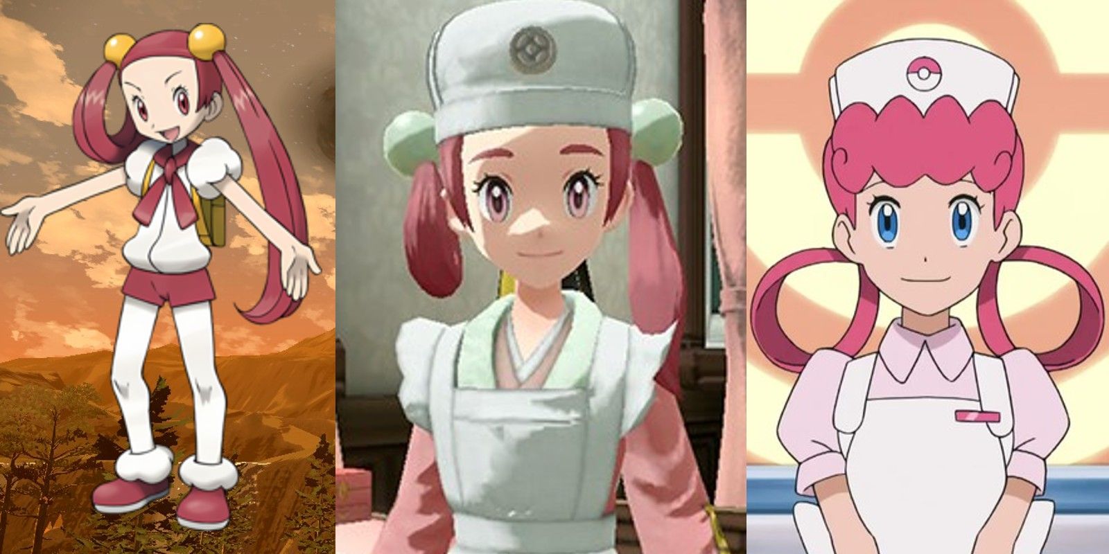 A split screen showing Peselle, Nurse Joy, and Mira from Pokemon Legends Arceus