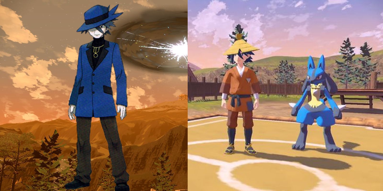 Split image showing both Rye, Riley's ancestor in Pokemon Legends: Arceus, and Riley