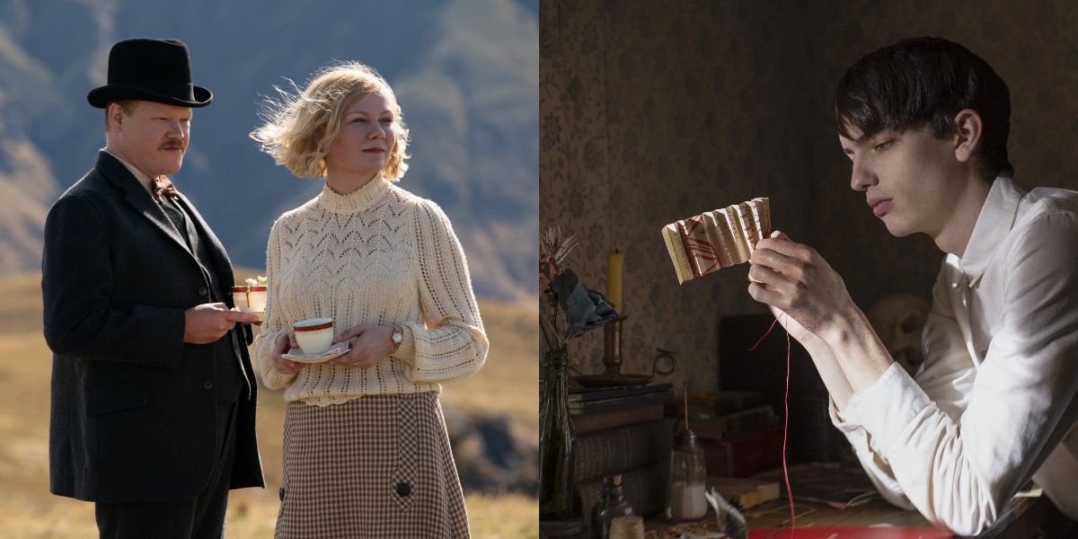 Split image of Jesse Plemons, Kirsten Dunst and Kodi Smit-McPhee in The Power of the Dog