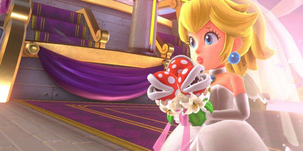 Princess Peach in a wedding dress in Super Mario Odyssey