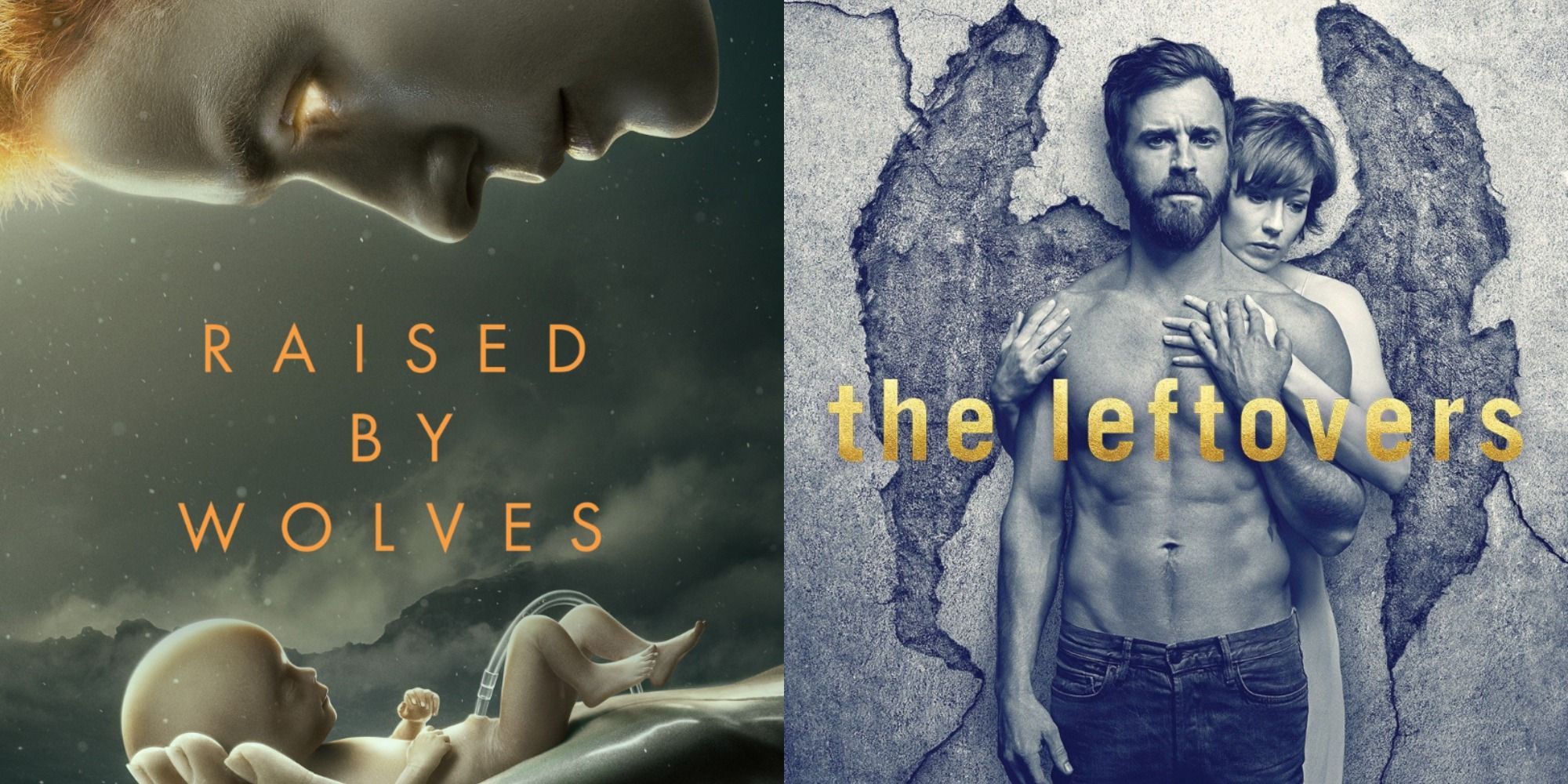 Split image showing posters from Raised by Wolves and The Leftovers
