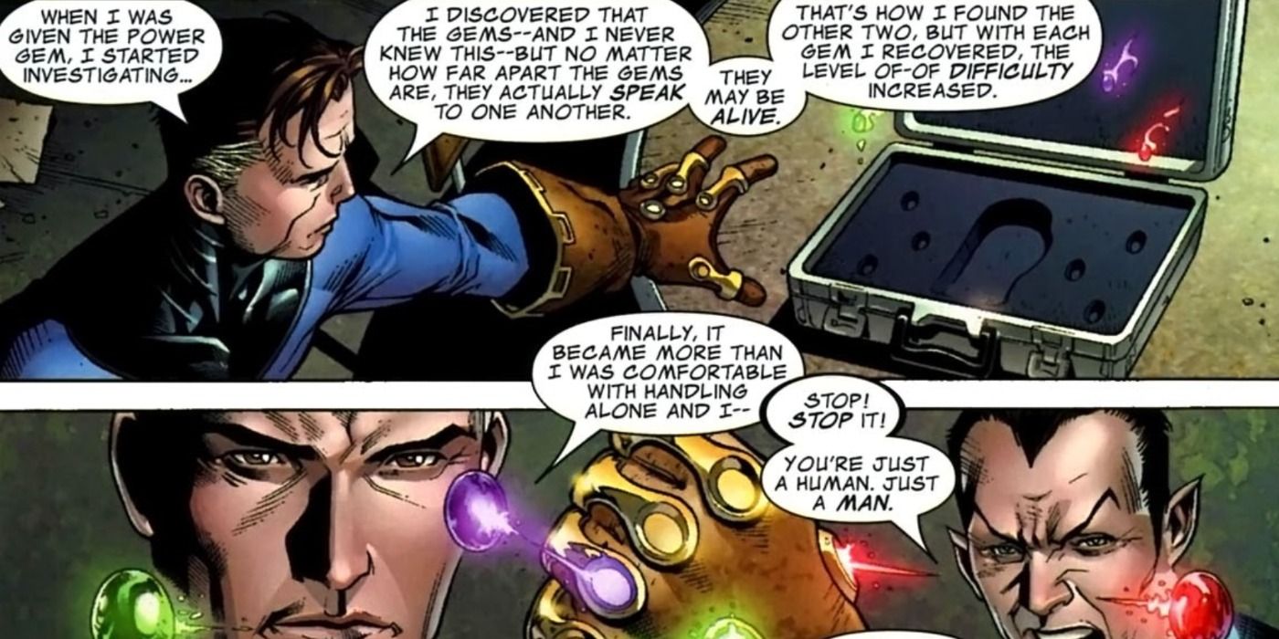 Reed Richards assembles the Infinity Gems in Marvel Comics.