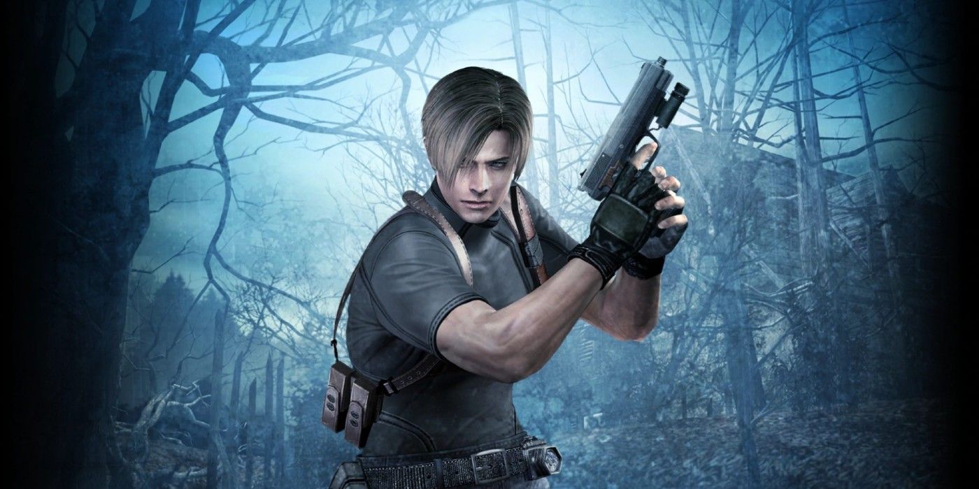 A shot of Leon Kennedy, a strapped police officer, in a blue-tinted forest.