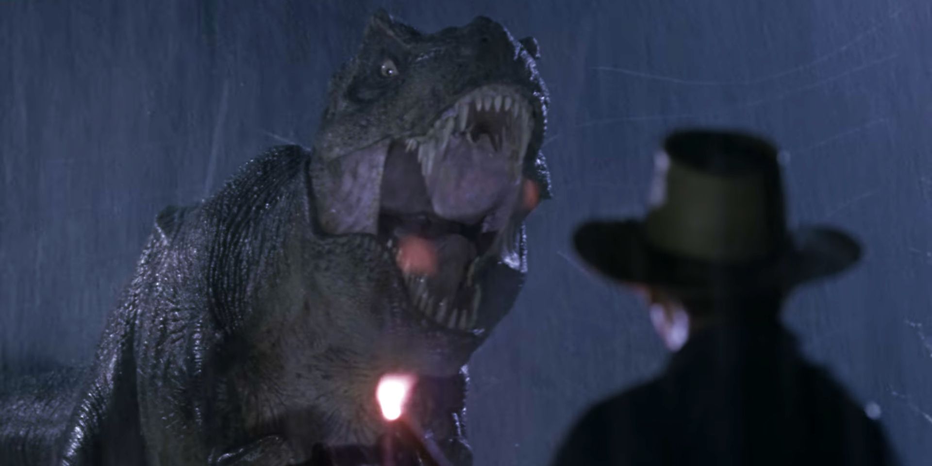 Rexy roaring at Alan Grant in Jurassic Park