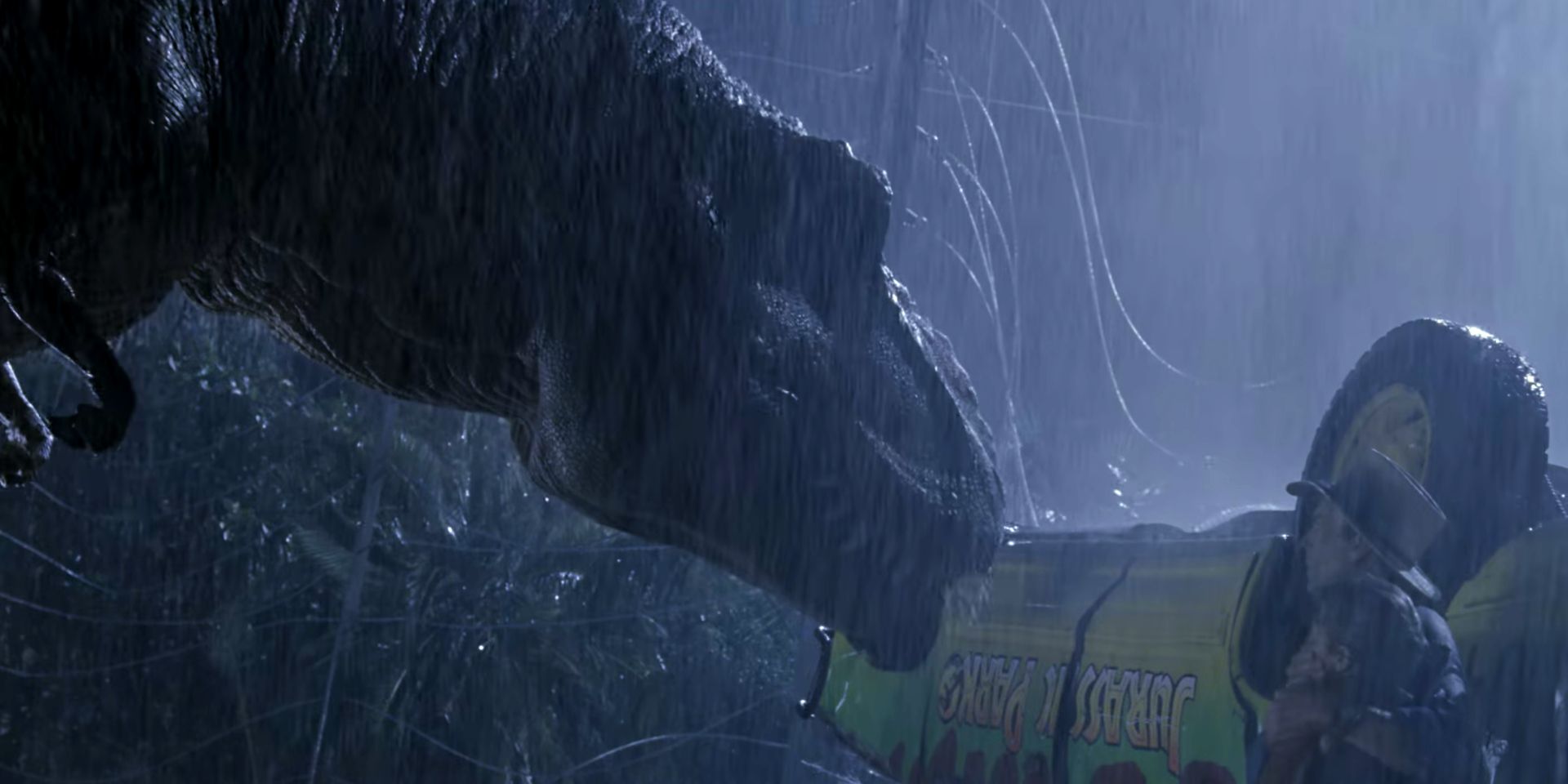 Rexy the T-Rex approaching Alan Grant and Lex in Jurassic Park