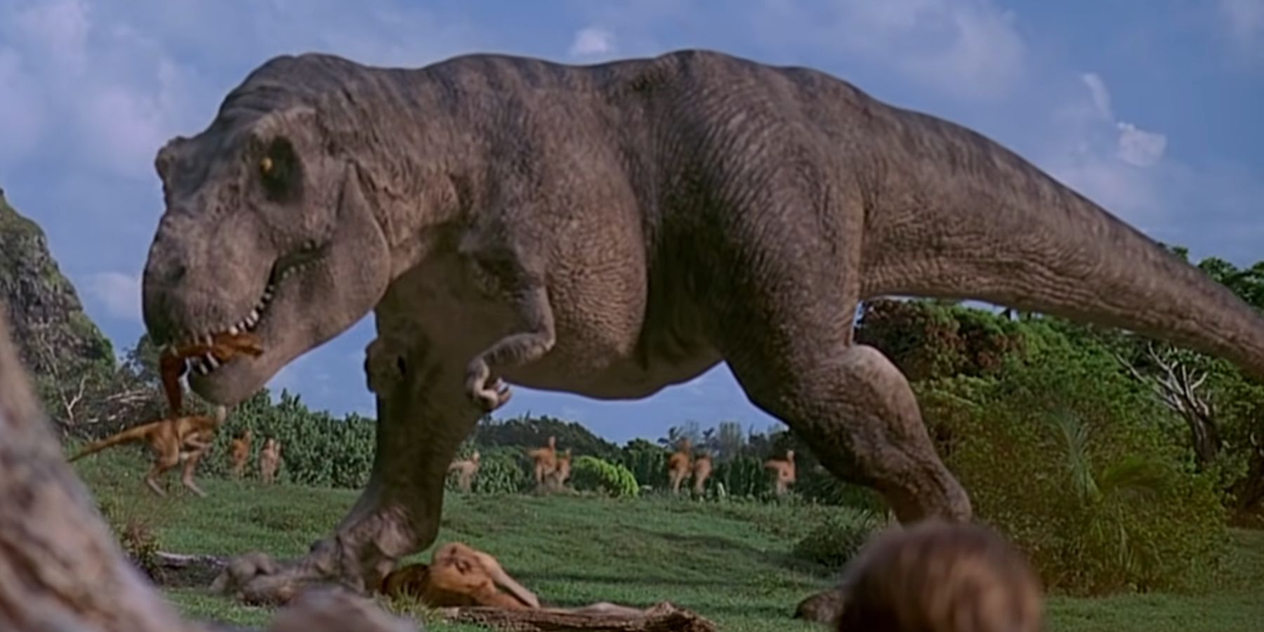 Rexy the T Rex devouring a Gallimimus in Jurassic Park