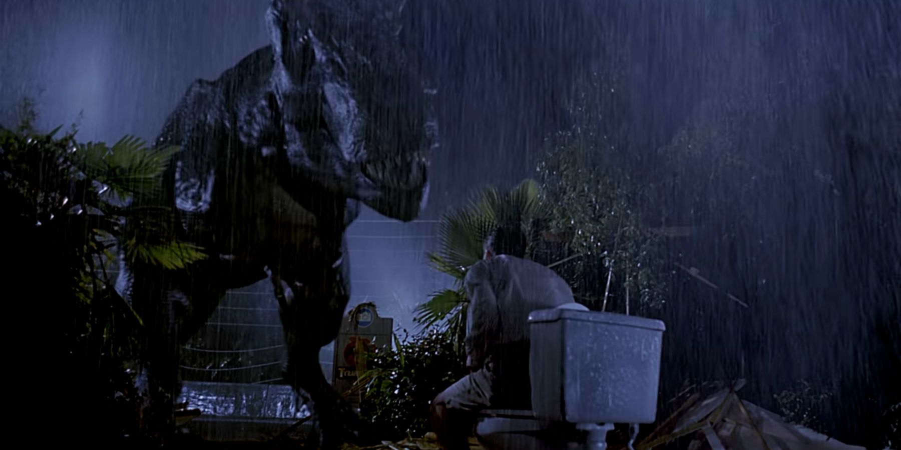 Rexy the T-Rex watching Gennaro in Jurassic Park