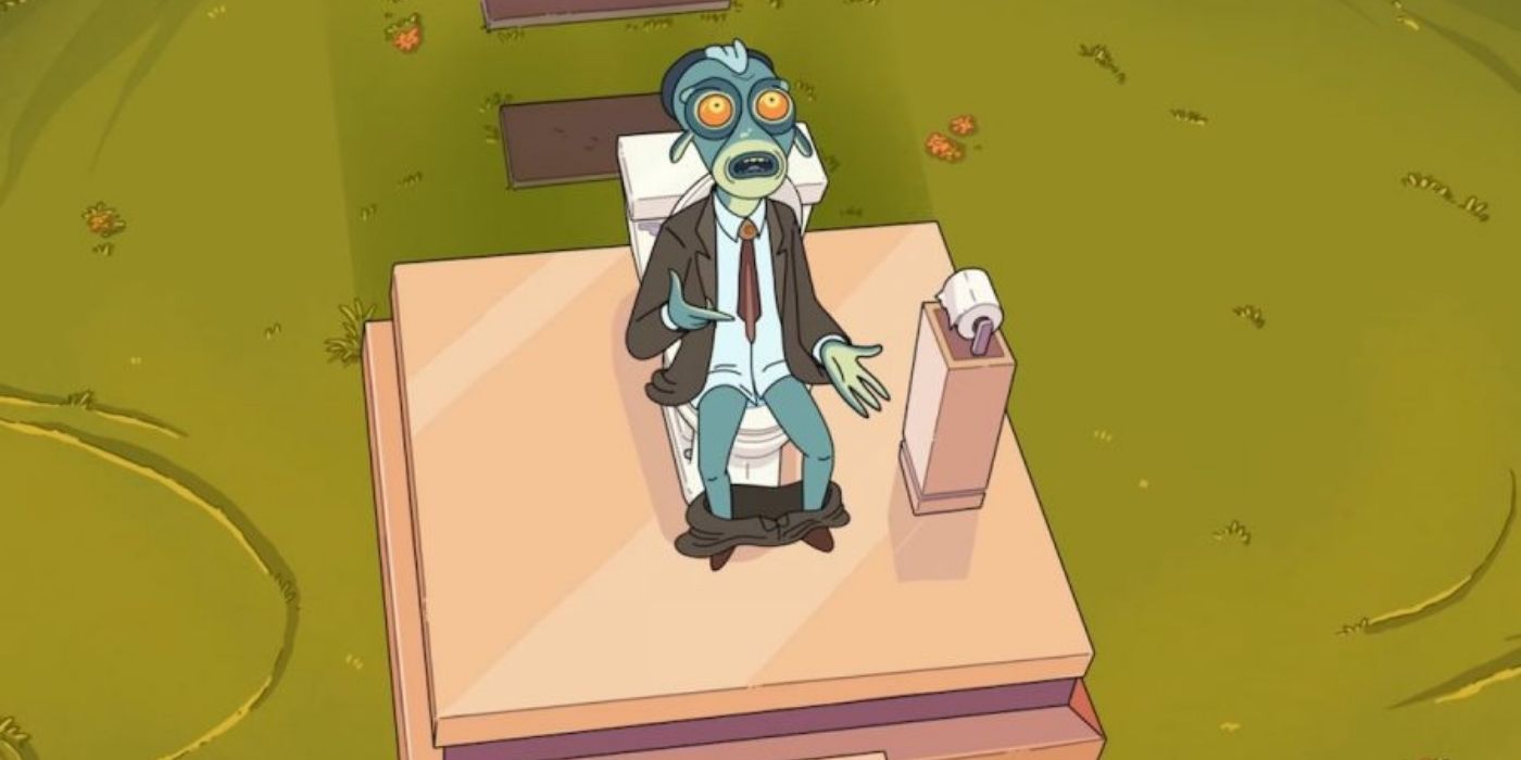 Tony sitting ona toilet and looking up in Rick &amp; Morty