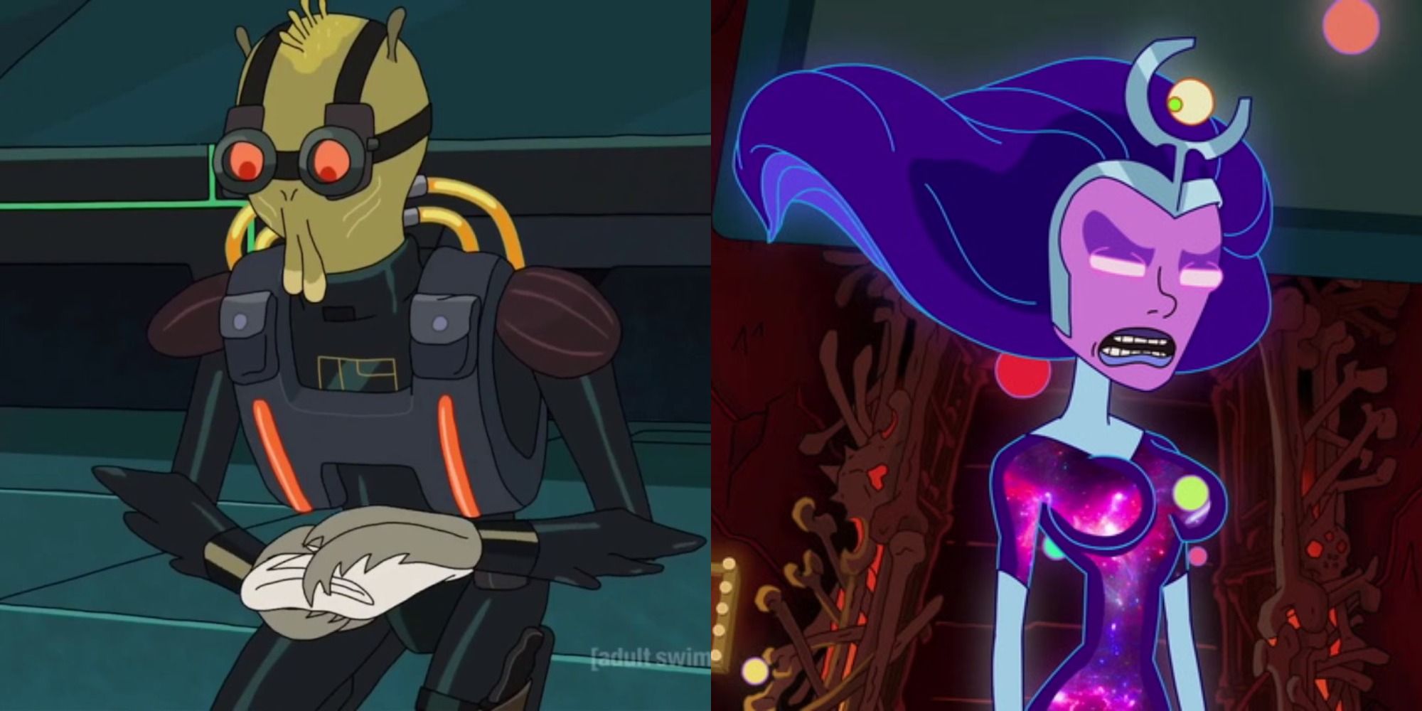 Split image showing Krombopulos Michael and Supernova in Rick and Morty