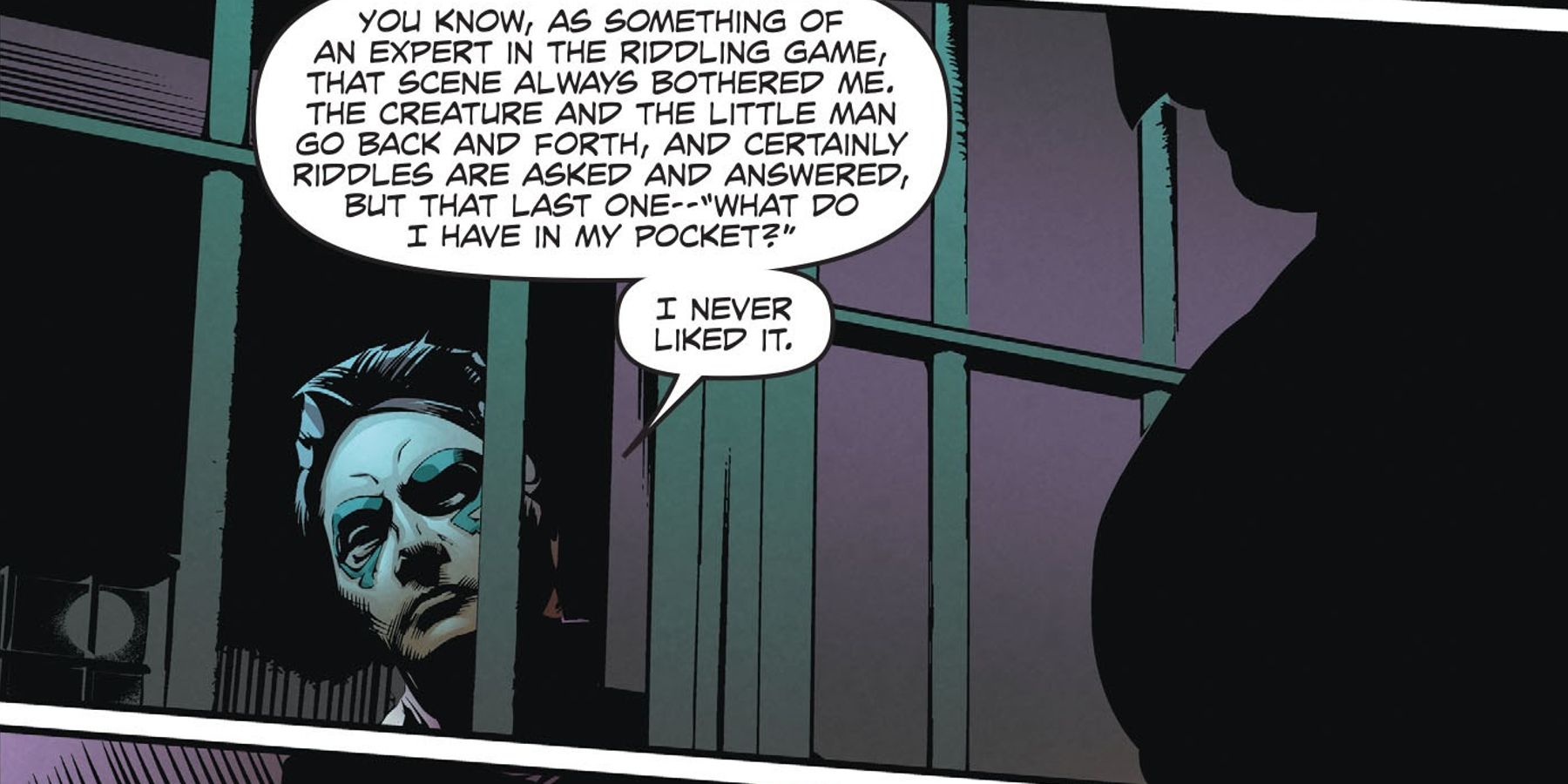 Riddler speaking with Batman in his cell in Riddler In The Dark of Batman: Arkham - The Riddler