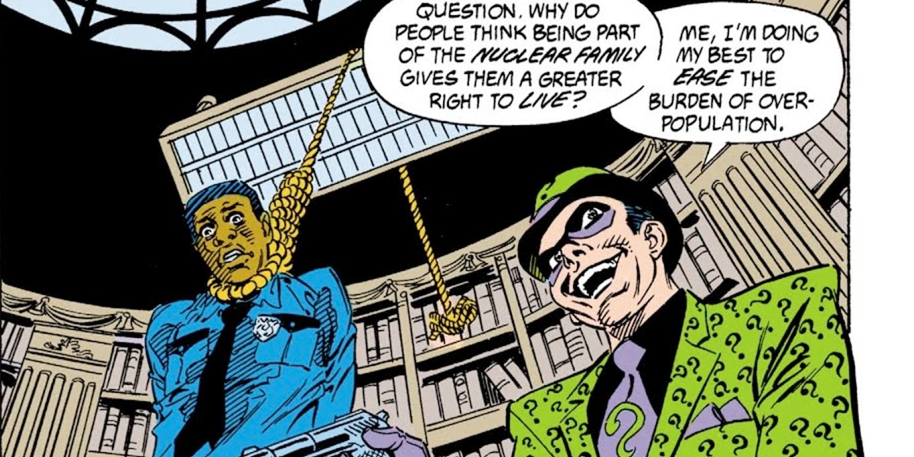 Riddler threatening the life of a police officer in Batman Dark Knight, Dark City