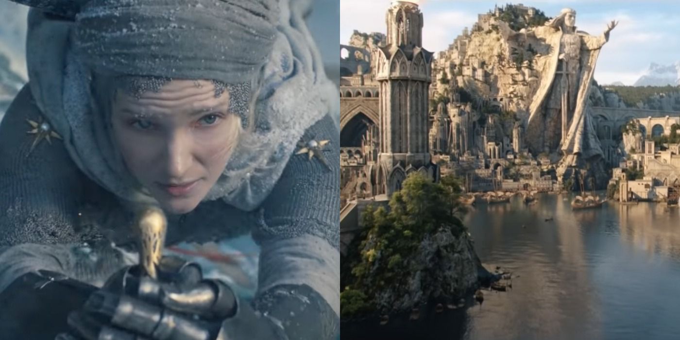 Split image of Galadriel and Numenor from Rings of Power.