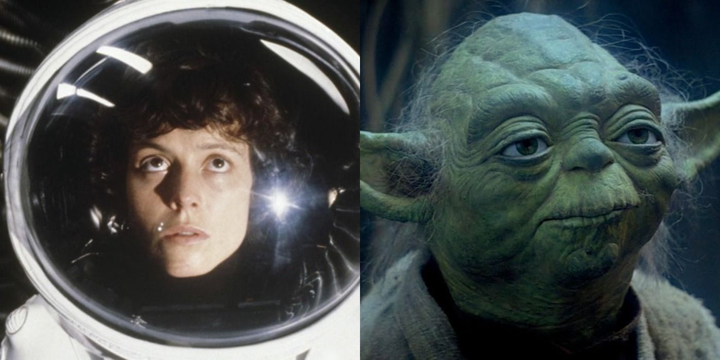 A split image showing Ripley from Alien and Yoda from The Empire Strikes Back.