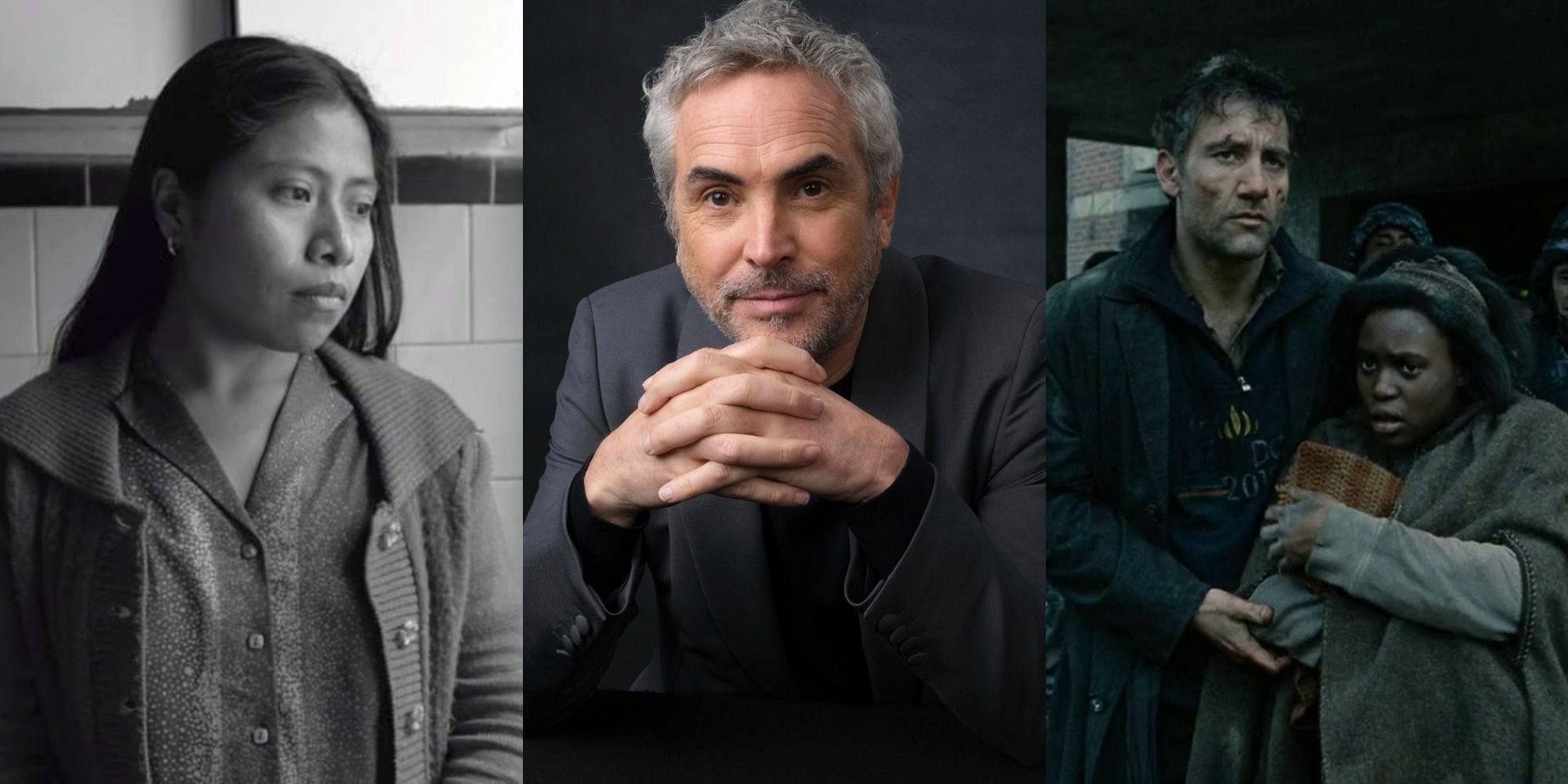 Split image showing scenes from Roma and Children of Men, and director Alfonso Cuarón