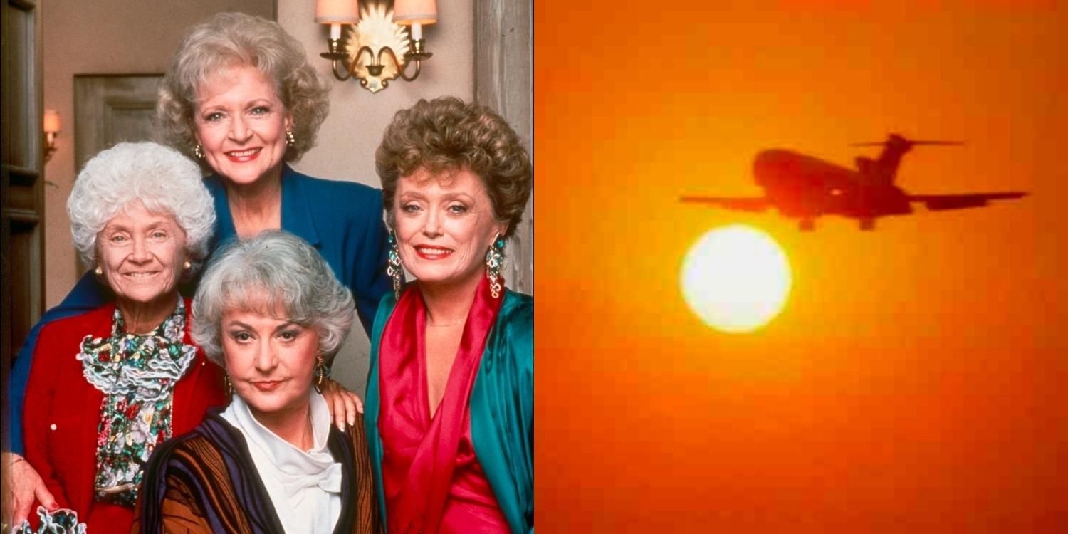 Rose, Sophia, Blanche, and Dorothy together in the living room and the plane from the opening credits of The Golden Girls