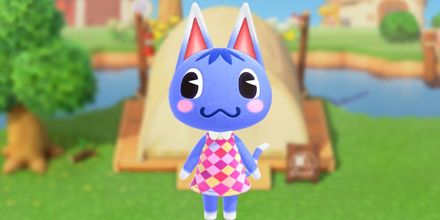 Rosie from Animal Crossing New Horizons with a tent in the background. 