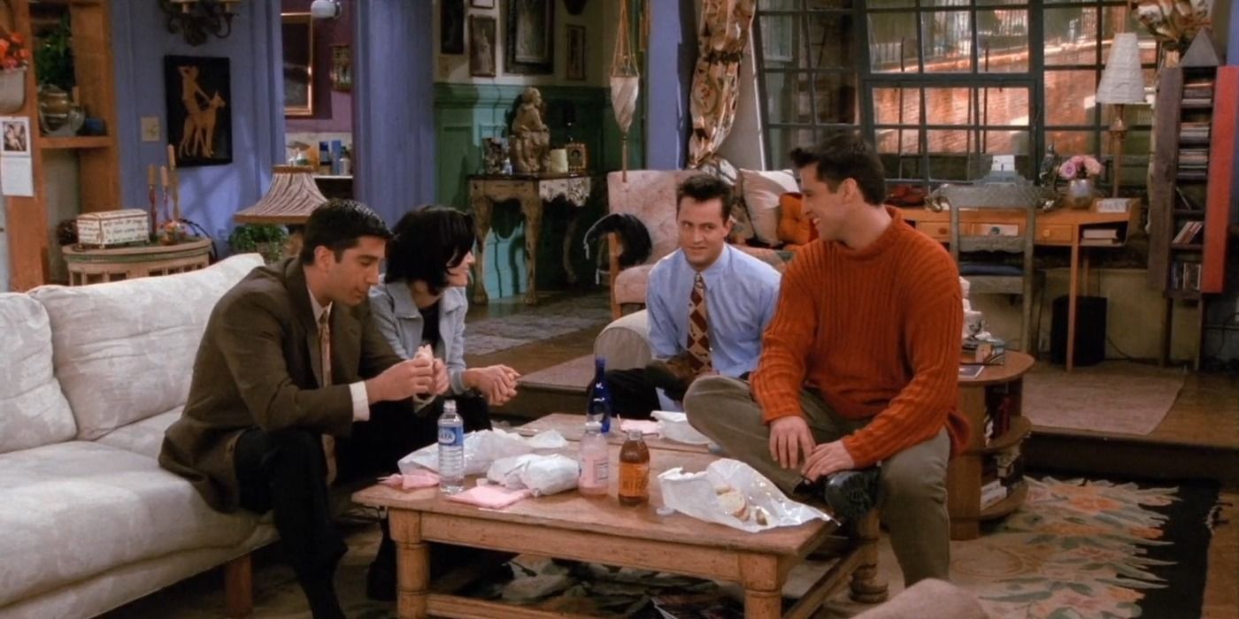 Ross, Monica, Chandler, and Joey sitting together in Friends
