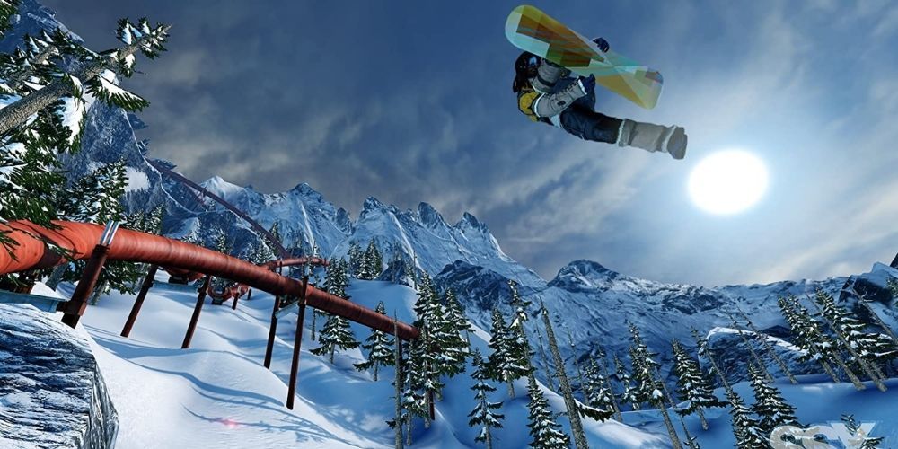 A player jumps off a grind rail in the beautiful SSX game from 2012