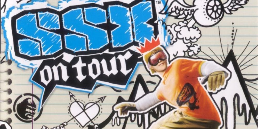 A snowboarder jumps in front of notebook sketches on the SSX On Tour cover