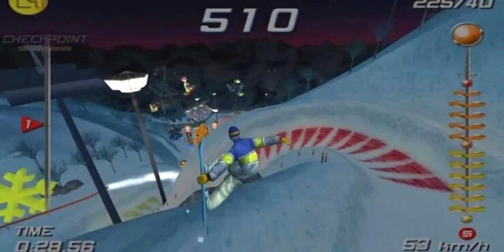 A gamer tries to land a jump during a nighttime level in the original SSX snowboarding game