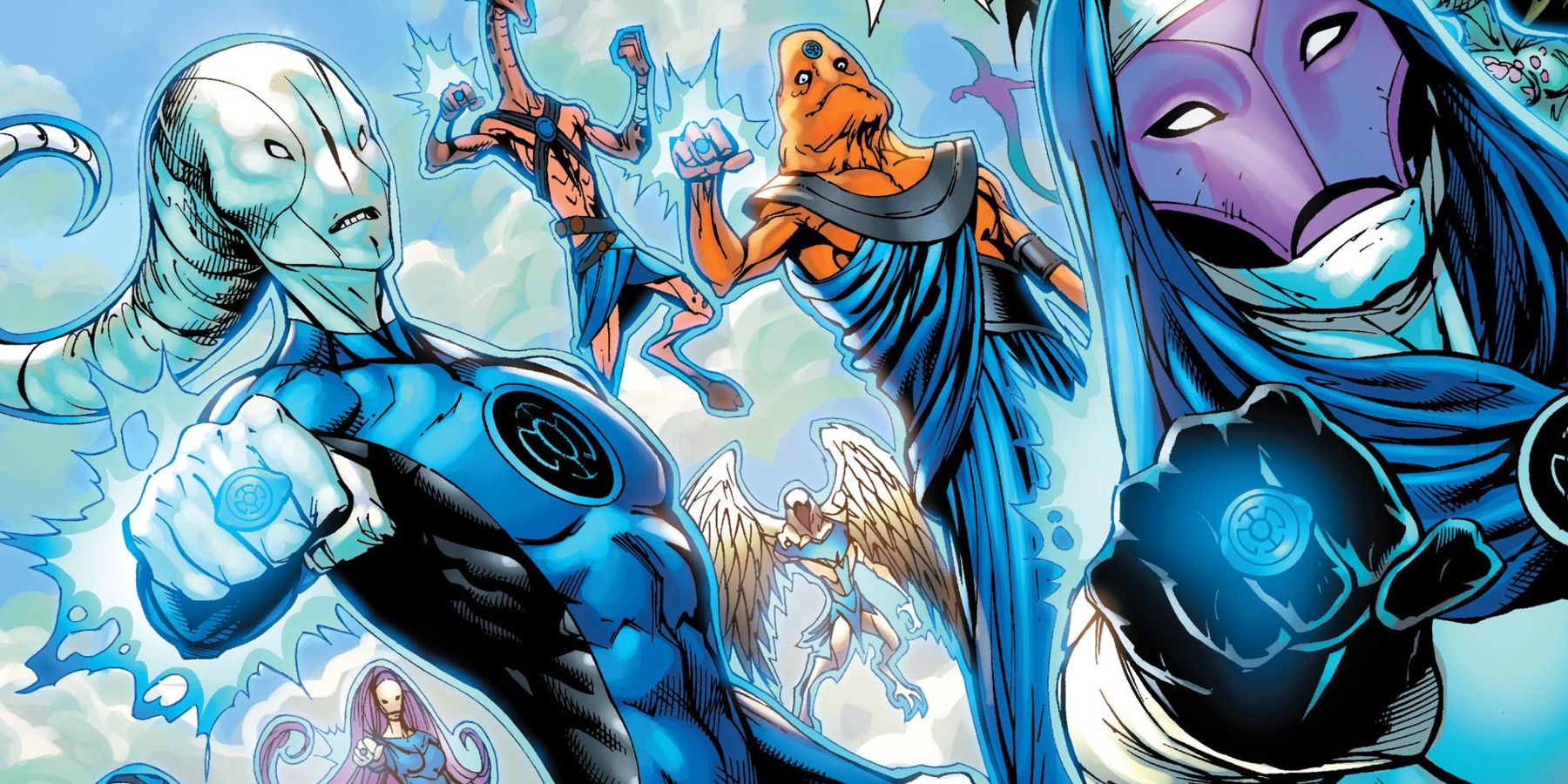 Saint Walker and the Blue Lantern Corps speaking their oath while aiming their Power Rings in DC comics
