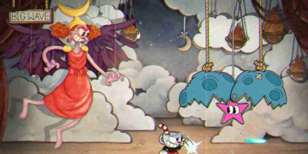 In Cuphead, Sally Stageplay is wearing a red dress and summoning an attack.